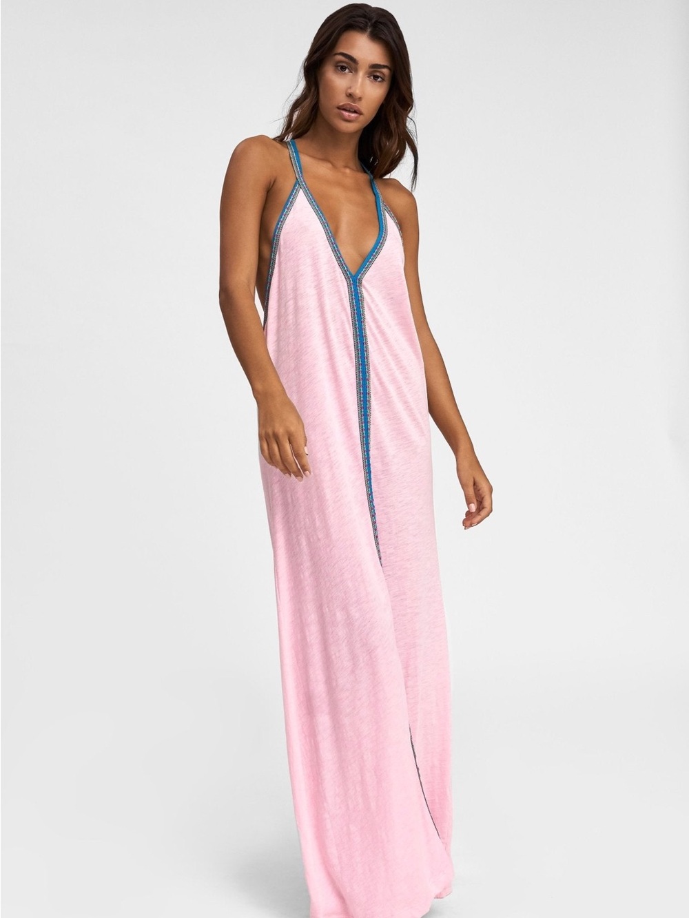 Pitusa Pink V-Neck Maxi Sundress / Swim Cover-Up with Blue Trim